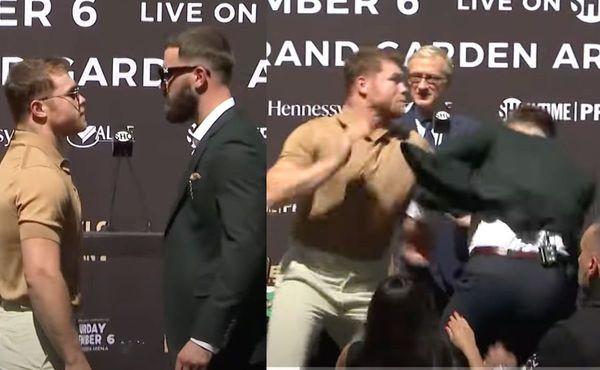 Canelo Álvarez se pelea con Caleb Plant y le abre el pómulo... ¡en plena rueda de prensa!
