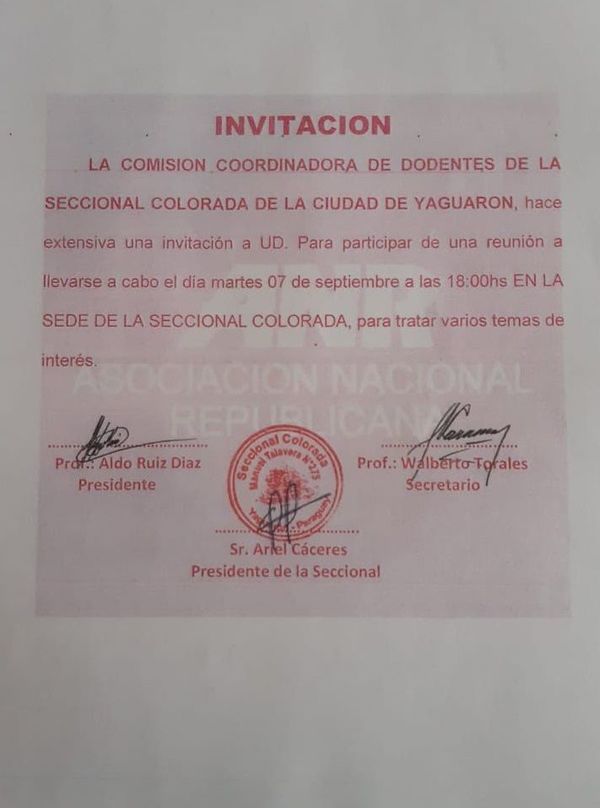 Denuncian que docente utiliza bienes de un colegio para imprimir invitación de la ANR - Nacionales - ABC Color