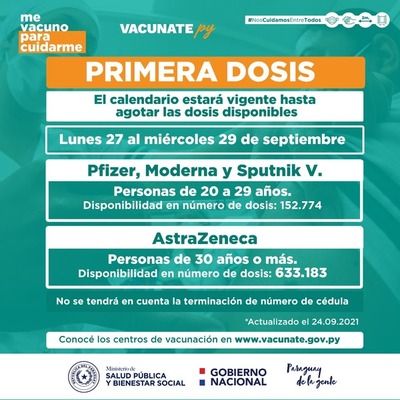 Salud habilita aplicación de primera dosis hasta agotar stock
