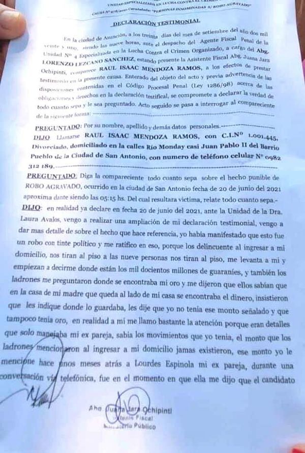 Intendente de San Antonio amplía denuncia sobre asalto a días de elecciones - Nacionales - ABC Color