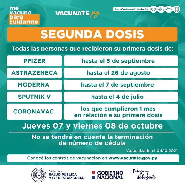 Segunda dosis a pendientes de vacunación, desde el próximo jueves
