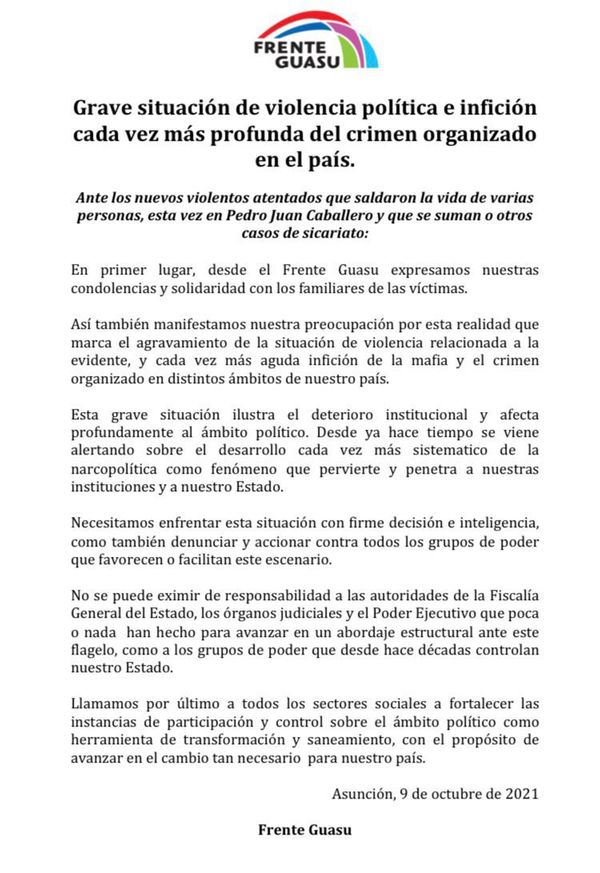 Frente Guasu repudió los hechos de “violencia política” registrados antes de las elecciones - Nacionales - ABC Color