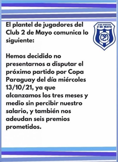 Plantel del 2 de Mayo anuncia que no jugará Copa Paraguay
