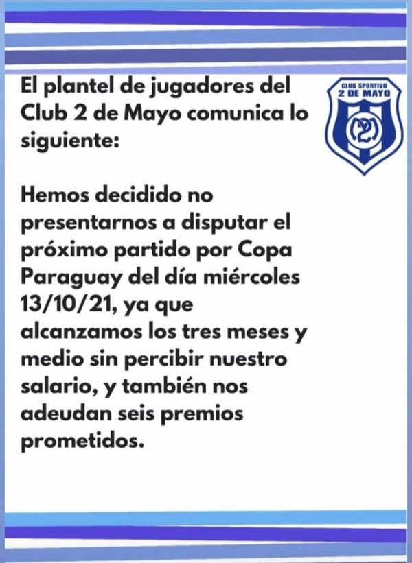 Plantel del 2 de Mayo anuncia que no jugará Copa Paraguay