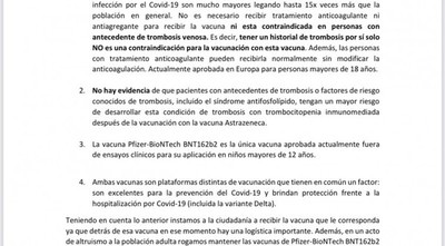 Aclaran que vacuna AstraZeneca no está contraindicada en personas que sufrieron trombosis