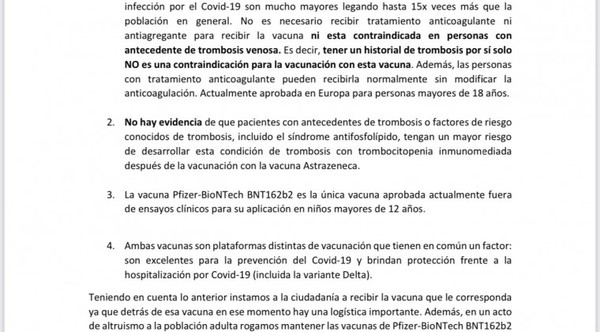 Aclaran que vacuna AstraZeneca no está contraindicada en personas que sufrieron trombosis