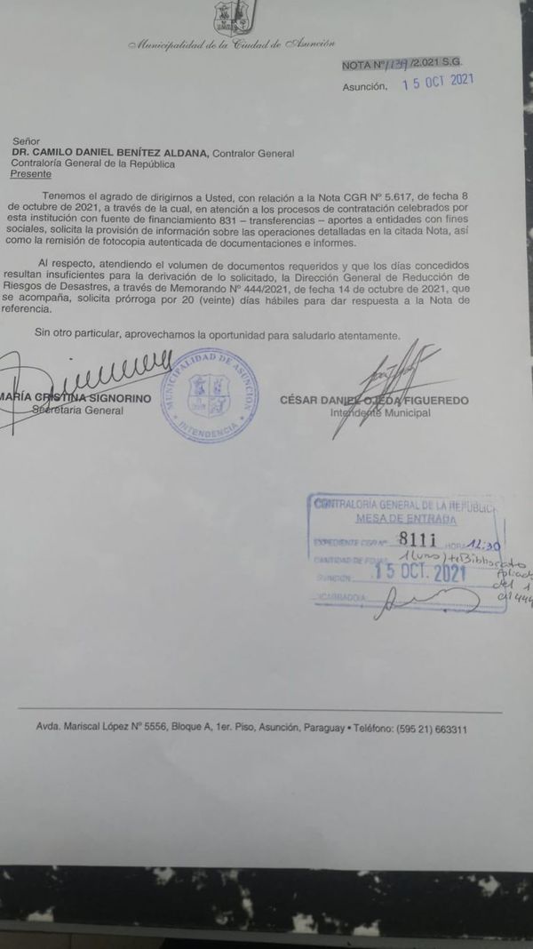Municipalidad de Asunción responde solo en parte al pedido de la Contraloría y pide prórroga - Nacionales - ABC Color