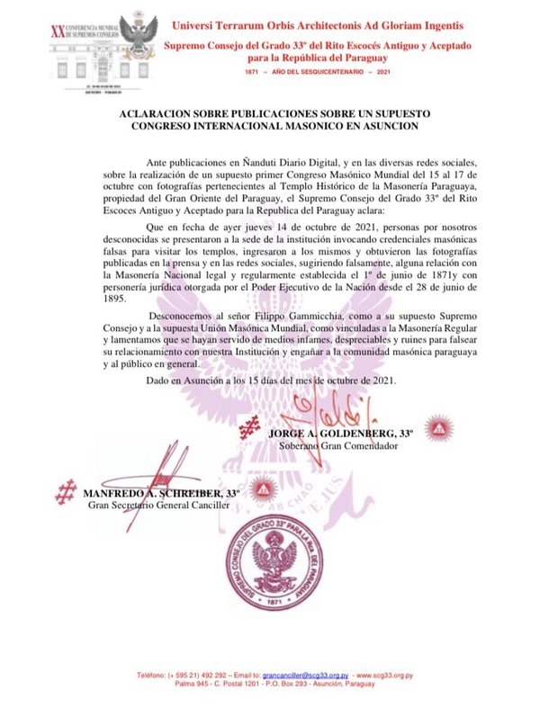 Supremo Consejo del Grado 33 desconoce realización de un Congreso Masónico Mundial en Paraguay | Ñanduti