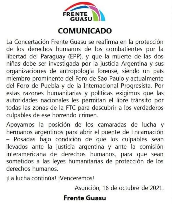 Atribuyen al Frente Guazú comunicado a favor del EPP