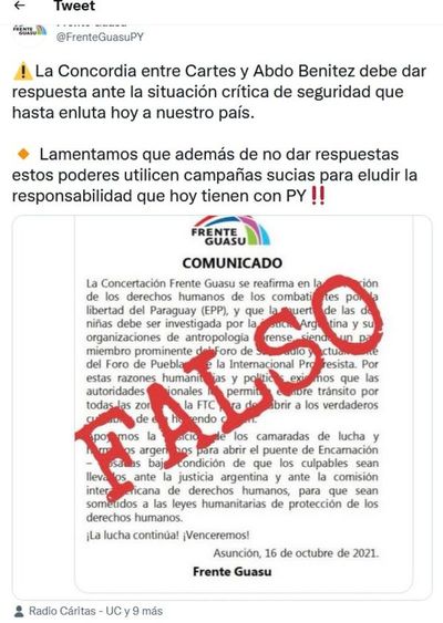 Frente Guazú niega atutoría de comunicado y acusa a Cartes y a Abdo Benítez