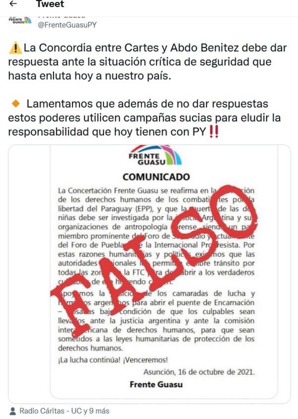 Frente Guazú niega atutoría de comunicado y acusa a Cartes y a Abdo Benítez