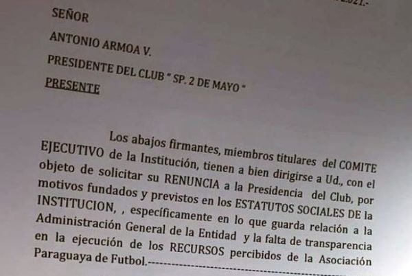 Sp. 2 de Mayo en crisis: Piden renuncia del presidente Antonio Armoa