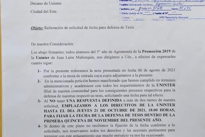 Alumnos de Agronomía de Uninter Mallorquín emplazan a directivos a fijar fecha para defensa de tesis
