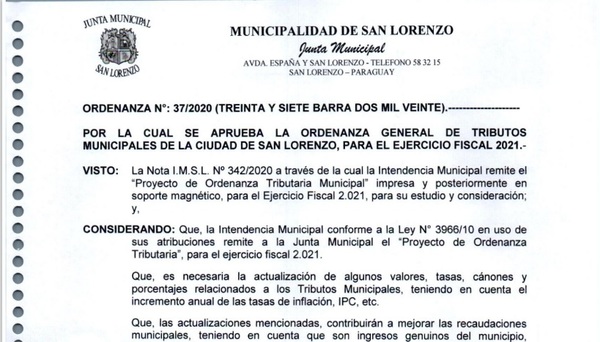 Junta Municipal: No socializaron modificación de ordenanza tributaria para el 2022 » San Lorenzo PY