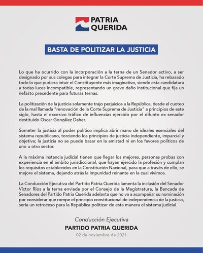Patria Querida no acompañará candidatura de Ríos para la Corte y repudia politización de la Justicia - ADN Digital