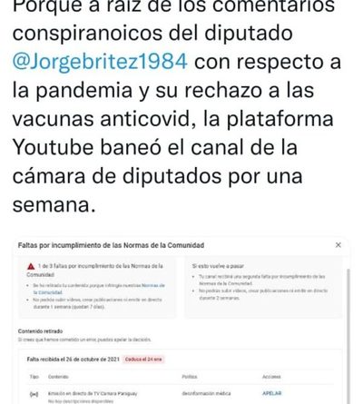 Bloquean canal de Diputados en YouTube por culpa de Jorge Brítez
