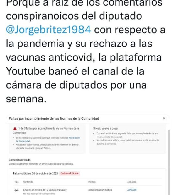 Bloquean canal de Diputados en YouTube por culpa de Jorge Brítez