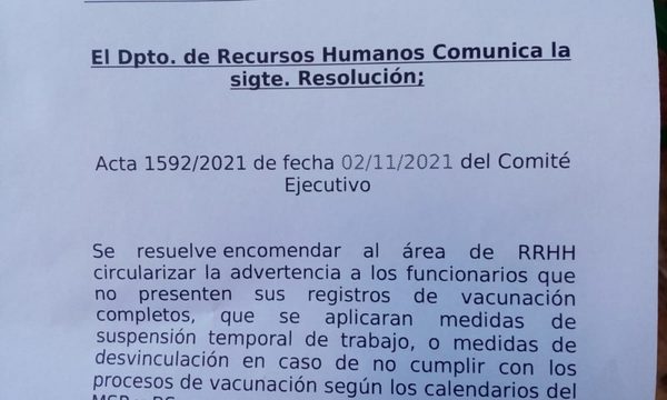 Cooperativa anuncia suspensión y hasta desvinculación de funcionarios que no se vacunen