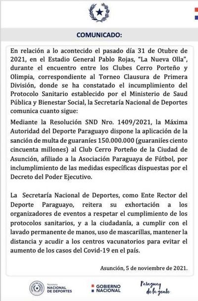 La SND multa a Cerro Porteño por exceso de aforo