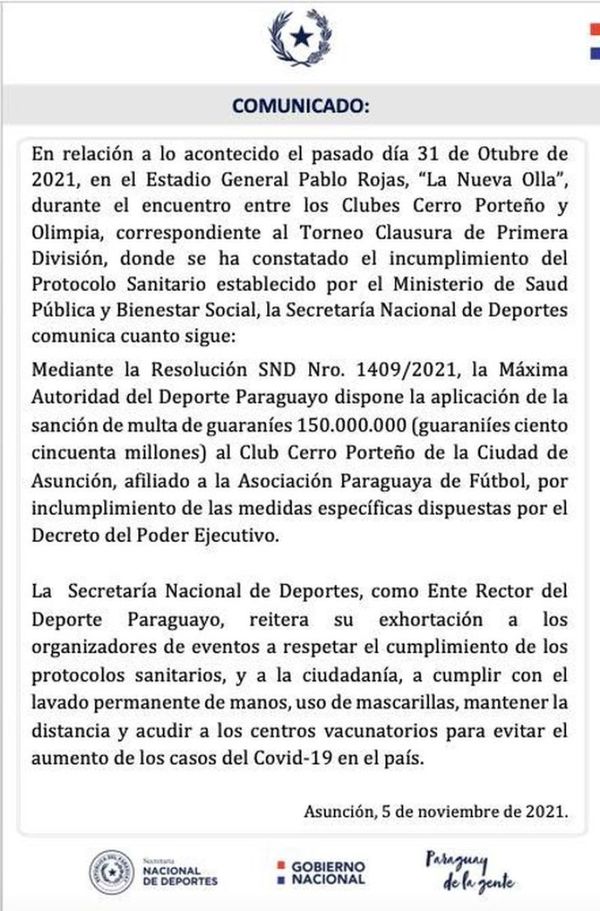 La SND multa a Cerro Porteño por exceso de aforo