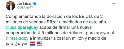 Vacunación anticovid: Estados Unidos cooperará con Salud USD 4,5 millones