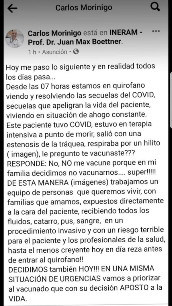Médico es cuestionado por decir que vacunados deben tener prioridad en los hospitales - Nacionales - ABC Color