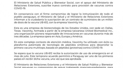 Paraguay firma acuerdo para adquirir 1 millón de vacunas sintéticas de EEUU