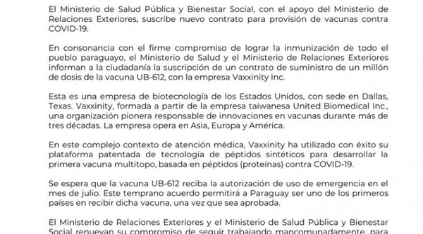 Paraguay firma acuerdo para adquirir 1 millón de vacunas sintéticas de EEUU