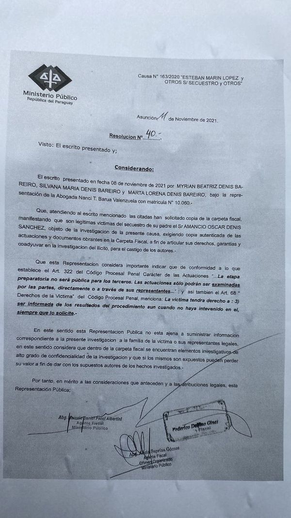 Fiscalía niega acceso a carpeta fiscal sobre el secuestro de Óscar Denis - Nacionales - ABC Color