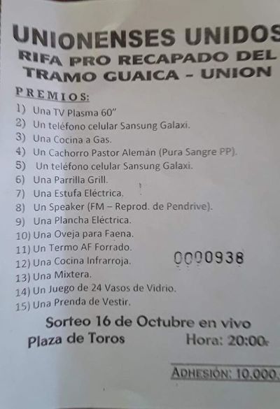 Pobladores hacen rifa para mejorar tramo Unión-San Estanislao - Nacionales - ABC Color