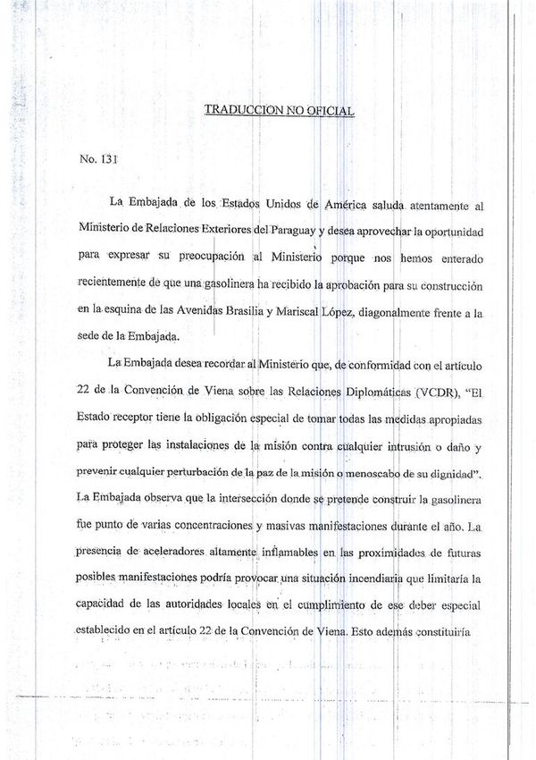 Cancillería da trámite a nota de “preocupación” por gasolinera frente a Embajada de Estados Unidos - Nacionales - ABC Color