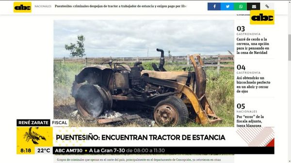 Encuentran tractor robado anoche de estancia en Puentesiño - A la gran 730 - ABC Color