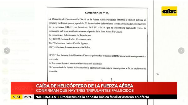 Confirman tres fallecidos tras caída del helicóptero de la FAP - ABC Noticias - ABC Color