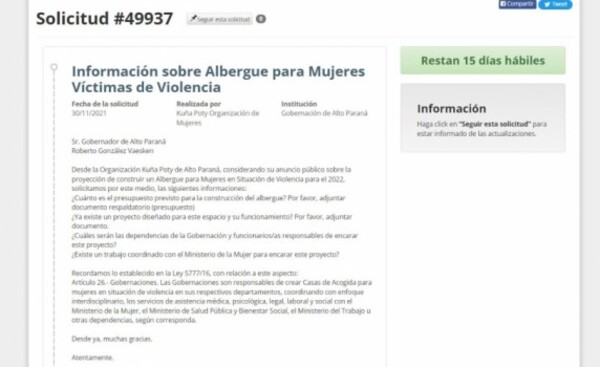 Kuña Poty pide información sobre proyecto de albergue al Gobernador