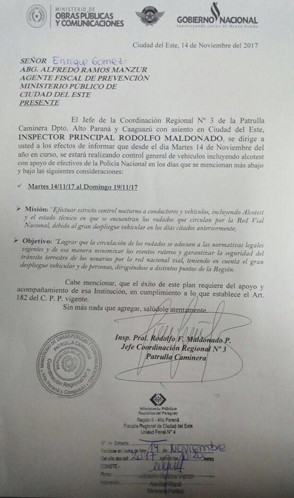 Fiscal desconoce de operativo conjunto con la Patrulla Caminera - Noticde.com