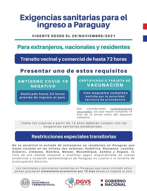 Nuevas exigencias sanitarias de ingreso a Paraguay