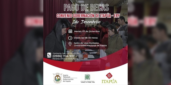 LANZAN FECHA PARA EL 2DO. DESEMBOLSO DE RECURSOS DE BECAS CONVENIO EBY-GOBERNACIÓN. - Itapúa Noticias