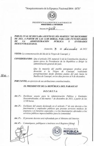 Declaran asueto para funcionarios públicos desde el mediodía del martes