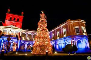 Adornos del árbol navideño del Palacio de López, inspirados en el poncho de 60 listas •