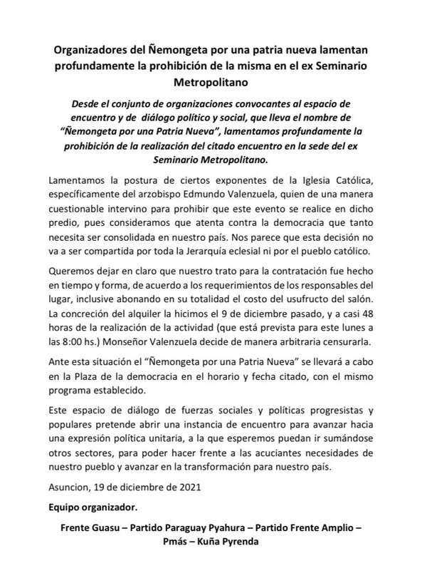 Critican a autoridades eclesiásticas por prohibir evento del sector de izquierda en ex Seminario - ADN Digital