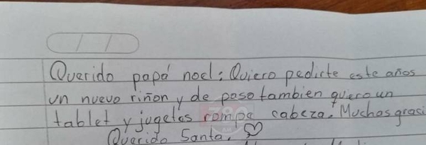 Diario HOY | Cartitas de pacientes a papá Noel: le piden un riñón