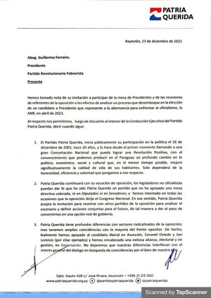 Patria Querida anunció que se unirá a concertación opositora - ADN Digital