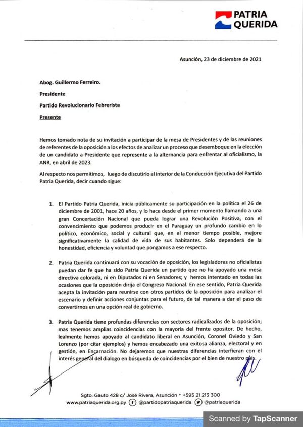 Patria Querida anunció que se unirá a concertación opositora - ADN Digital