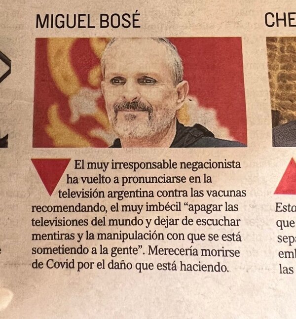 Diario «El Mundo» le desea la muerte a Miguel Bosé por no vacunarse