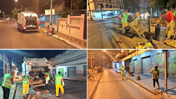 Funcionarios municipales amanecen limpiando las calles de Asunción