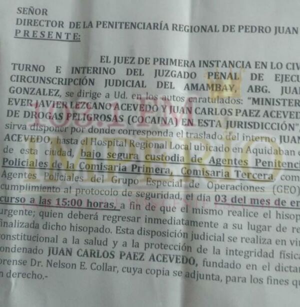 Director de la Cárcel Regional desacata orden judicial y se niega a trasladar a un recluso al hospital