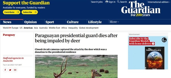 The Guardian se hace eco de la muerte del militar en Mburuvichá Roga tras el ataque de un ciervo - Megacadena — Últimas Noticias de Paraguay