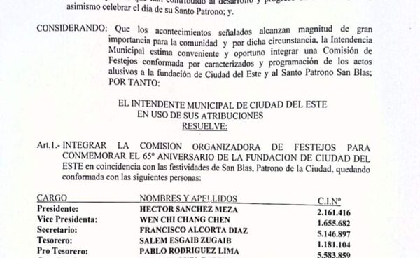 Conforman comisión para el 65° aniversario de Ciudad del Este