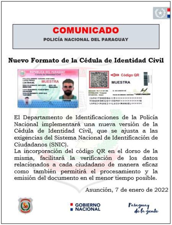 Actualizan formato de la cédula de identidad e incorporan código QR - Nacionales - ABC Color