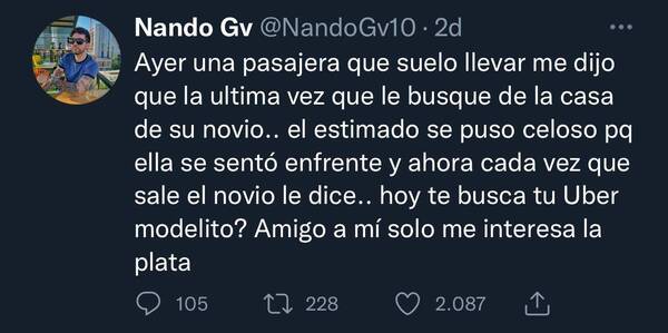 Crónica / Conductor puso celoso al novio de su pasajera: "Tu Uber modelito", he'i